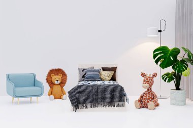 Oyuncak hayvanlarla dolu bir çocuk odası illüstrasyonu..