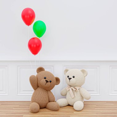 Oyuncak ayılar ve balonlarla dolu, en az beyaz duvar odasının 3D çizimi.