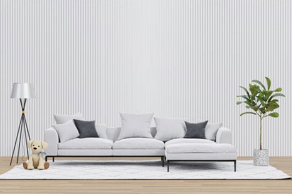 Gerenderte Illustration Eines Hellen Wohnzimmers Mit Weißer Holzplatte — Stockfoto