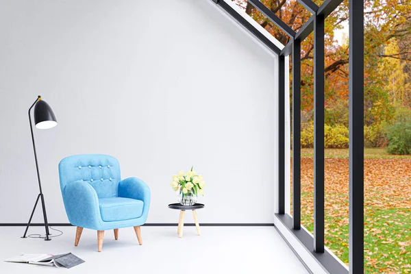 3Dは 青いソファと明るいリビングルームのイラストをレンダリング — ストック写真