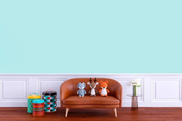 Renderowana Ilustracja Minimalnego Pokoju Brązową Skórzaną Sofą Pluszowymi Zwierzętami Zabawki — Zdjęcie stockowe