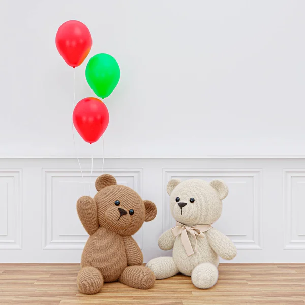Renderowane Ilustracja Minimalna Biała Ściana Pokój Zabawki Niedźwiedzie Balony — Zdjęcie stockowe