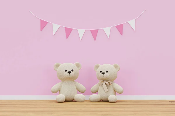Gerenderte Illustration Eines Minimalen Rosafarbenen Wandzimmers Mit Spielzeugbären Und Wandbanner — Stockfoto