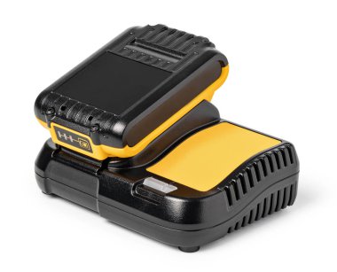 power tool battery charger and battery on a white background