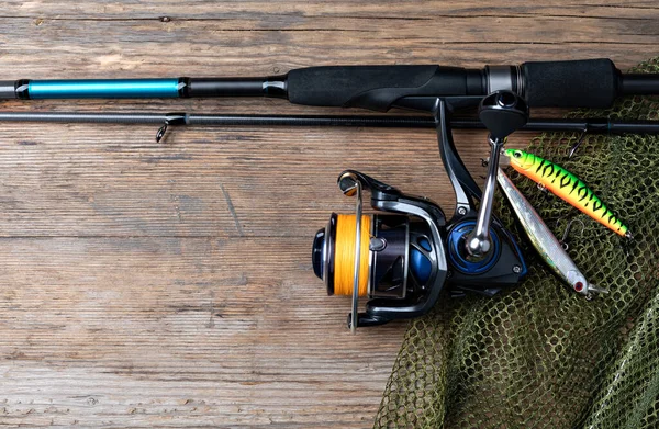 Fishing Tackle Wooden Background — Stock Photo, Image