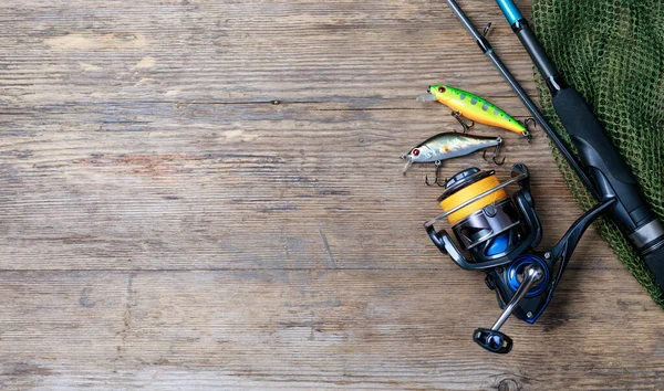 Fishing Tackle Wooden Background — Stock Photo, Image