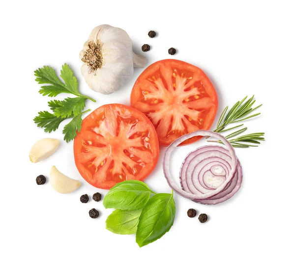 Frische Tomaten Kräuter Und Gewürze Isoliert Auf Weißem Hintergrund — Stockfoto