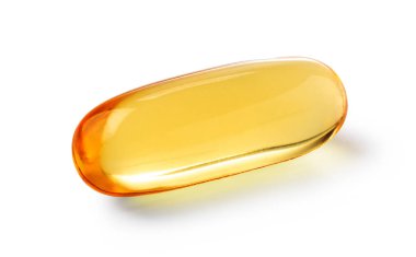 Beyaz zemin üzerinde izole edilmiş omega 3, 6, 9 vitaminli jelatin kapsülü.
