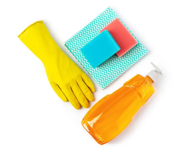 Produtos Limpeza Esponja Detergente Pano Para Limpeza Doméstica Isolado Fundo — Fotografia de Stock