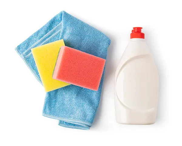 Prodotti Pulizia Spugna Detergente Panno Pulizia Della Casa Isolato Sfondo — Foto Stock