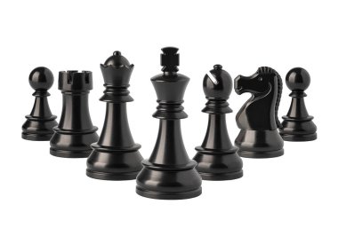 Siyah Satranç taşları ayakta, stratejiyi, rekabeti ve entelektüel meydan okumayı temsil ediyor, beyaz arka planda izole edilmiş.