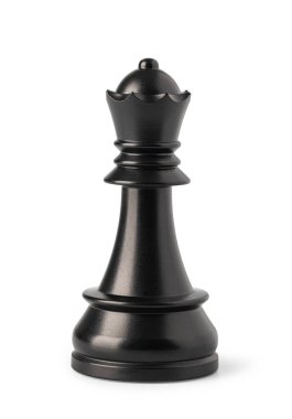 Siyah vezir satranç taşı beyaz arka planda duruyor, stratejiyi, gücü ve zaferi temsil ediyor, beyaz arka planda izole edilmiş.