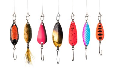 Seven colorful fishing lures hanging on transparent background, ready for fishing adventures