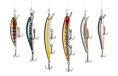 Six colorful fishing lures hanging against a clean white background, showcasing their sharp hooks and vibrant designs