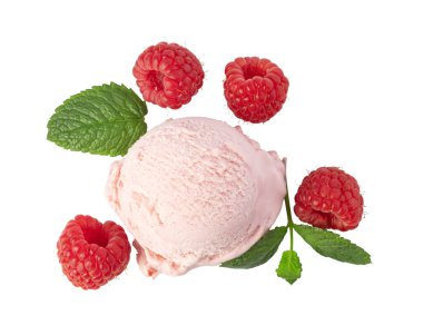 Pink raspberry ice cream scoop decorated with fresh mint leaves and ripe raspberries, creating a refreshing summer treat