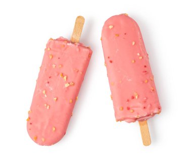 Two refreshing strawberry-flavored ice cream bars coated with nuts and dried strawberries, perfect for a hot summer day
