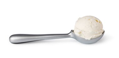Metal ice cream scoop holding a scoop of vanilla ice cream isolated on transparent background
