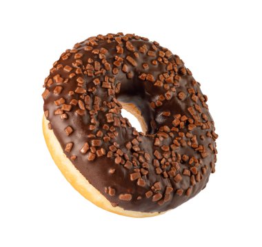 Floating chocolate donut covered with sprinkles, a sweet treat perfect for breakfast or a snack
