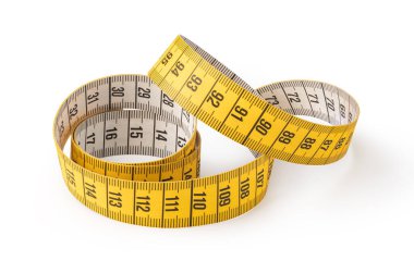 Curled yellow measuring tape showing numbers for measuring length, isolated on transparent background