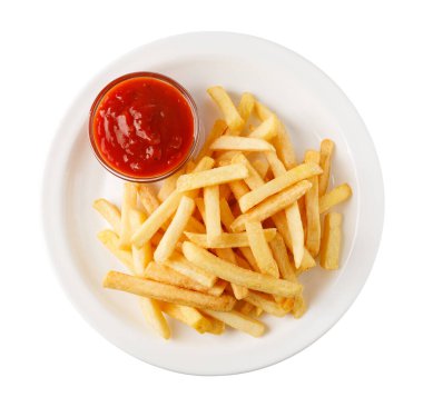 French fries with ketchup on a white plate, composing a simple yet delicious lunch