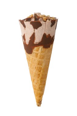 Ice cream cone dipped in chocolate and topped with nuts, offering a sweet and refreshing treat
