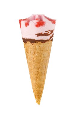 Refreshing strawberry ice cream with chocolate swirls in a crispy cone, isolated on white
