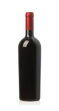 Full closed wine bottle with red capsule standing on a white background