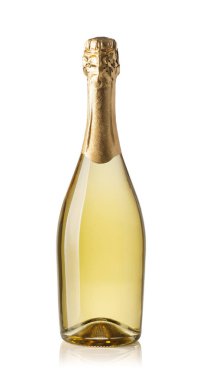 Golden champagne bottle with bubbles standing on white background