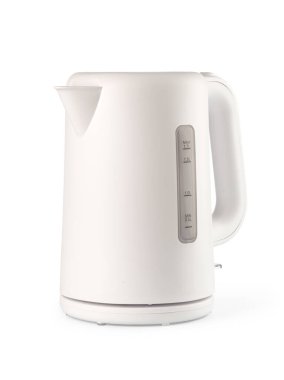 Clean white electric kettle with visible water level indicator, ready for boiling water