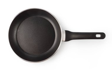 Empty non-stick frying pan with black plastic handle on transparent background