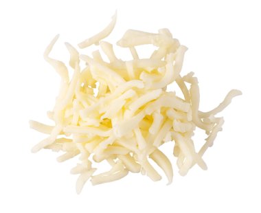 Grated mozzarella cheese forms a heap isolated on white background