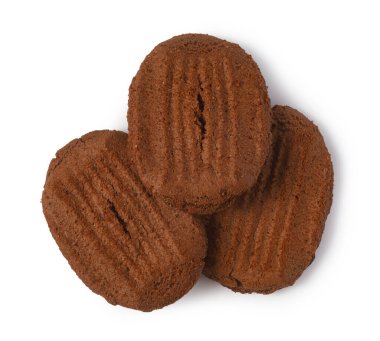 Three dark brown chocolate cookies creating a small stack on a white background