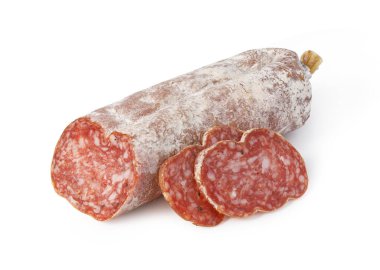Salami sausage log with a delicate white mold, sliced on a white background