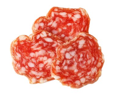 Salami slices with rich red meat and white fat on a white background