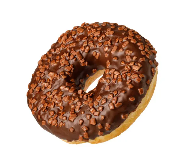 Floating chocolate donut covered with sprinkles, creating a tempting image of deliciousness