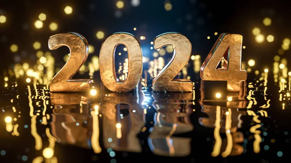 Yansıtıcı siyah dalgalı zeminde buzdan mavi bokeh arkaplanlı 2024 numaralı altına yaklaş. Altın parçacıklar uçuşuyor. Mutlu yıllar 2024. 3B görüntüleme.