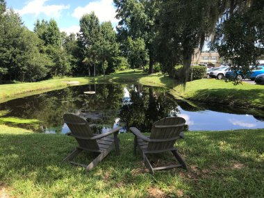 Yeşil çimenli gölet ve manzara fotoğrafçılığı çevresindeki ağaçlar.