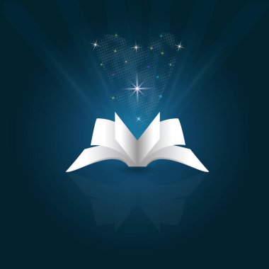 Açık beyaz kitap kalp aşk sihirli yıldızlar aydınlatma sahne fikirleri güzel bir mavi arkaplan şablon resim tasarımı