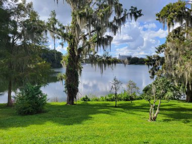 Huzurlu bir gölün huzurlu güzelliği, sakin suları yansıtan güneşli ve bulutlu bir gökyüzünün bu nefes kesici görüntüsünde yer alır. Çevrenizde canlı yeşil ağaçlar ve yemyeşil bir arka bahçe var. Bu fotoğraf sizi sakin bir açık hava kaçışına götürüyor. Göl 