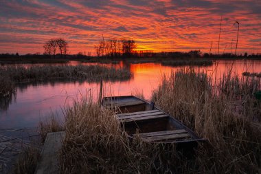 Göldeki sazlıklarda eski bir tekne ve güzel bir günbatımı, Stankow, Polonya
