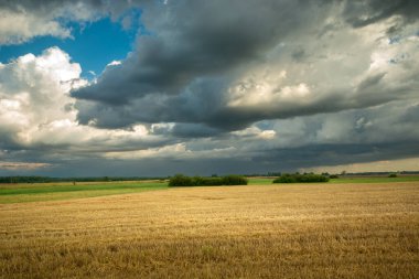 Cloudy rainy sky over stubble field, summer rural landscape, Czulczyce, Poland