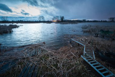 Polonya 'nın doğusundaki Stankow' da bulutlu bir akşamda kuru kamışlarla göl manzarası