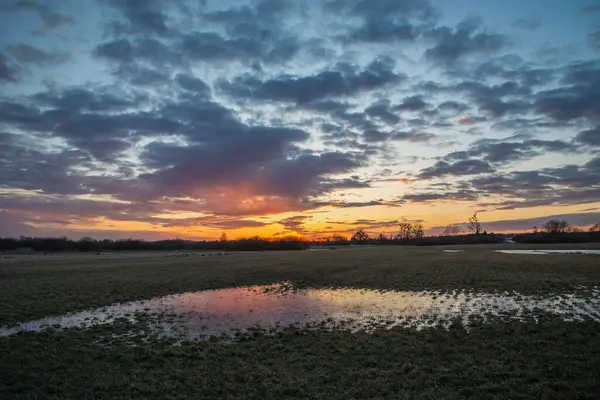Sunset over wet meadow, evening March view, eastern Poland