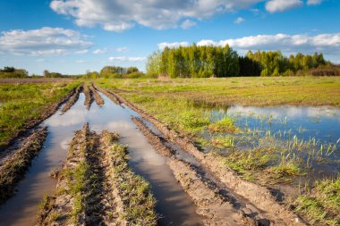 Toprak bir yol ve tarlalar yağmurdan sonra suyla kaplı, bahar günü, doğu Polonya