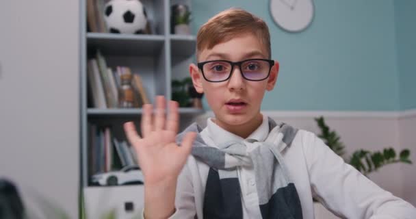 Boy Talking Camera Make Conference Home Happy Kid Doing Work — Vídeo de Stock