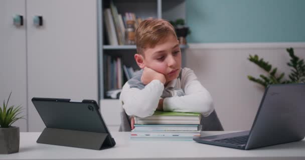 Tired Schoolboy Sad Face Sitting Table Notebooks Laptop Online Studying — Stock Video