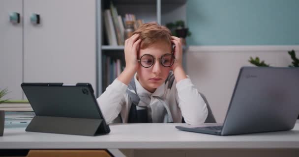 Tired Exhausted Kid Boy Leaning His Head Eyeglasses Preparing Exams — Stock Video