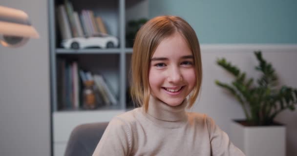 Close Cute Smart Caucasian Smiling Girl Loking Camera Indoors Beautiful — Vídeo de Stock