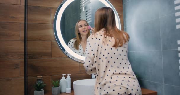 Happy Woman Looking Mirror Touch Healthy Soft Face Skin Daily — Stockvideo