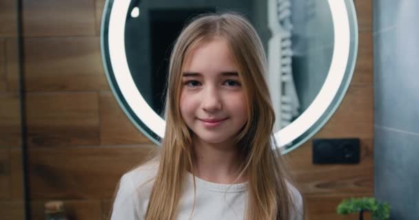 Portrait Happy Smiling Attractive Little Girl Looking Camera Bathroom Beauty — Video Stock
